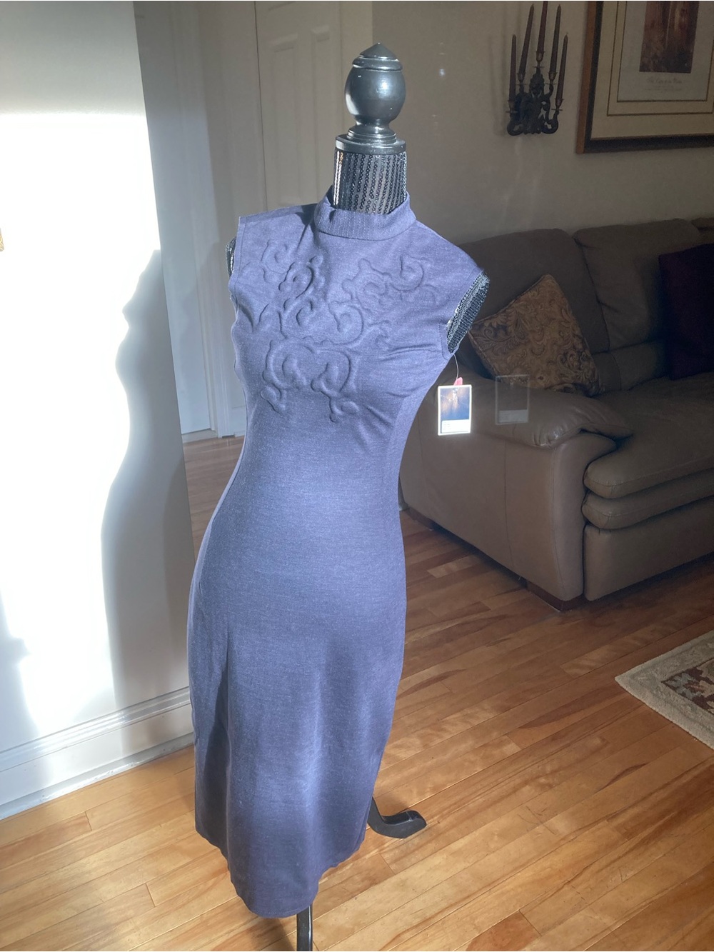 Oscar de la Renta Sleeveless Mock Neck Embroidered Midi Dress — Deep Blue